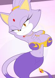 Rule 34 | 1girl, alternate costume, animal ears, armpits, blaze the cat, bra, breasts, cat ears, cat girl, cat tail, female focus, furry, furry female, genie, genie lamp, highres, large breasts, looking at viewer, slickehedge, solo, sonic (series), tail, underwear, yellow eyes