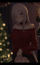 Rule 34 | 1girl, alternate costume, bare shoulders, black skirt, blurry, blurry background, blush, christmas, closed mouth, g36c (girls&#039; frontline), girls&#039; frontline, grey hair, hair over one eye, highres, long sleeves, looking at viewer, merry christmas, off shoulder, red eyes, selcky, signature, skirt, smile