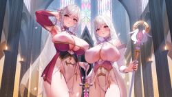 Rule 34 | 2girls, absurdres, arm up, blush, breasts, cameltoe, cape, church, cleavage cutout, clothing cutout, covered erect nipples, covered navel, crystal, detached sleeves, dress, hair between eyes, highres, holding, holding weapon, indoors, large breasts, leotard, long hair, looking at viewer, multiple girls, non-web source, nun, ogre (illustogre), original, purple eyes, red dress, staff, stained glass, standing, sword, weapon, white background, white dress, white leotard
