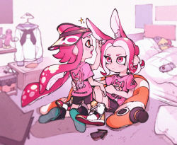 Rule 34 | 2girls, animal ear fluff, animal ears, backwards hat, bed, bike shorts, black shorts, blanket, cellphone, closed mouth, clothes hanger, fang, frown, hand on another&#039;s waist, hat, highres, inari1369, indoors, inkling, inkling girl, inkling player character, kneeling, looking at another, multiple girls, nintendo, octoling, octoling girl, octoling player character, orange eyes, phone, pillow, pink eyes, pink hair, pink shirt, pointy ears, rabbit ears, shelf, shirt, shoes, short sleeves, shorts, single vertical stripe, sitting, smartphone, sparkle, splatoon (series), splatoon 2, stuffed animal, stuffed toy, suction cups, t-shirt, tentacle hair, visor cap