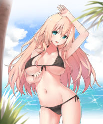 Rule 34 | 10s, 1girl, aqua eyes, arm up, atago (kancolle), beach, bikini, black bikini, blonde hair, blue eyes, blurry, blush, breasts, cloud, collarbone, contrapposto, cowboy shot, day, depth of field, covered erect nipples, female focus, front-tie top, green eyes, groin, hand on own head, hsuliherng, jewelry, kantai collection, large breasts, long hair, looking at viewer, navel, ocean, open mouth, outdoors, ring, side-tie bikini bottom, sky, smile, solo, standing, swimsuit, underboob, untying, water, wedding band, wet