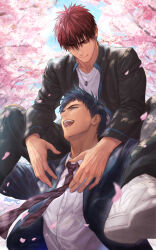 Rule 34 | 2boys, aomine daiki, arms up, artist name, black jacket, black pants, blazer, blue eyes, blue hair, blue sky, buttons, carrying, cherry blossoms, closed mouth, cloud, collarbone, collared shirt, commentary request, day, diagonal-striped clothes, diagonal-striped necktie, dress shirt, hair between eyes, jacket, jewelry, kagami taiga, kuroko no basuke, long sleeves, looking at another, looking down, male focus, multiple boys, necklace, necktie, open clothes, open jacket, open mouth, outdoors, pants, petals, purple necktie, red eyes, red hair, shirt, shoes, short hair, shoulder carry, sky, smile, sneakers, striped clothes, striped necktie, teeth, tongue, tree, white footwear, white shirt, wing collar, yaoi, zawar379