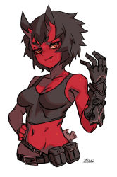 Rule 34 | 1girl, belt, black belt, black hair, blush, closed mouth, colored skin, cowboy shot, fang, fang out, gauntlets, hand on own hip, hand up, horns, kidouko (zakusi), looking at viewer, midriff, navel, oni, orange eyes, original, pouch, red oni, red skin, short hair, signature, simple background, single gauntlet, smile, solo, symbol-only commentary, upper body, white background, wrench, zakusi