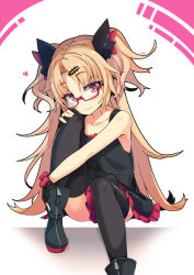 Rule 34 | 1girl, akatsuki uni, bare shoulders, black footwear, black gloves, black shirt, black thighhighs, blonde hair, blush, boots, closed mouth, collarbone, commentary request, fang, fang out, fingernails, glasses, gloves, hair between eyes, hair ornament, hairclip, hand on own knee, head tilt, heart, highres, long hair, looking at viewer, ogami kazuki, parted bangs, partially fingerless gloves, pleated skirt, red-framed eyewear, red eyes, red skirt, semi-rimless eyewear, shirt, sitting, skirt, sleeveless, sleeveless shirt, smile, solo, thighhighs, thighhighs under boots, two side up, under-rim eyewear, uni create, very long hair, virtual youtuber