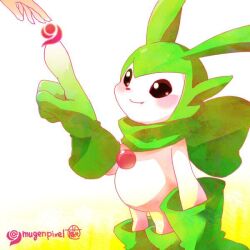 Rule 34 | black eyes, blush, digimon, digimon (creature), gloves, looking at another, pucchiemon (green)