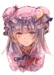 Rule 34 | 1girl, aecaevra, bad id, bad pixiv id, blue bow, blush, bow, commentary request, crescent, crescent pin, hair between eyes, hair bow, hat, hat bow, long hair, looking at viewer, lowres, mob cap, patchouli knowledge, portrait, purple eyes, purple hair, purple hat, red bow, sidelocks, simple background, sketch, smile, solo, touhou, white background