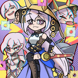 Rule 34 | &gt; &lt;, 1girl, :3, armor, bare shoulders, black legwear, braid, breasts, chinese commentary, chromatic aberration, closed mouth, commentary request, cowboy shot, detached sleeves, dogmatika fleurdelis the knighted, duel monster, fake horns, fleurdelis (yu-gi-oh!), grey hair, hair between eyes, hair over one eye, hair over shoulder, half-closed eyes, hands on own hips, hat, helmet, holding, holding sword, holding weapon, horned headwear, horns, jingasa, long hair, looking at viewer, medium breasts, multicolored hair, open mouth, parody, partial commentary, polka dot, polka dot background, purple eyes, purple hair, sidelocks, single braid, smile, standing, streaked hair, style parody, sword, the iris swordsoul, tongue, tongue out, tudou chaoren, very long hair, weapon, yu-gi-oh!