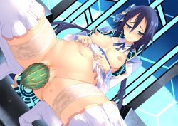 Rule 34 | 1girl, blue eyes, blue hair, blue ribbon, blush, breasts, breasts out, censored, egg, egg laying, frilled thighhighs, frills, hair between eyes, hair ribbon, long sleeves, looking at viewer, mosaic censoring, mother (pso2), navel, nipples, phantasy star, phantasy star online 2, pussy, ribbon, short hair, small breasts, solo, spread legs, sukage, teeth, thighhighs, white thighhighs