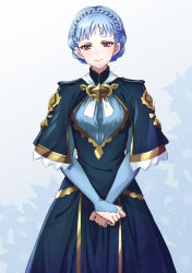Rule 34 | 1girl, blue capelet, blue dress, blue hair, braid, brown eyes, capelet, closed mouth, cowboy shot, crown braid, dress, fire emblem, fire emblem: three houses, highres, long dress, long sleeves, looking at viewer, marianne von edmund, nintendo, shinae, short hair, smile, solo, standing