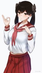 Rule 34 | 1girl, black hair, brown eyes, cosplay, hiiragi kagami, hiiragi kagami (cosplay), kaga (kancolle), kantai collection, long hair, lucky star, mani oniniku, neckerchief, ok sign, pink neckerchief, pleated skirt, red sailor collar, red skirt, ryouou school uniform, sailor collar, school uniform, serafuku, simple background, skirt, solo, twintails, white background, winter uniform