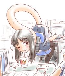 Rule 34 | 1boy, 1girl, ;), ^^^, black hair, black pantyhose, blue skirt, blue vest, book, brown eyes, computer, cup, desk, drink, drinking, drinking glass, drinking straw, formal, indoors, keyboard (computer), long hair, long neck, mcdonald&#039;s, monster girl, neck, office lady, one eye closed, original, pantyhose, papers, pimmy, rokurokubi, short sleeves, sketch, skirt, skirt suit, smile, solo focus, stretched neck, suit, traditional youkai, vest, wink