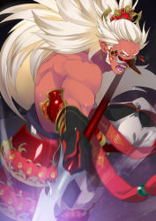 Rule 34 | 1boy, armor, colored skin, fangs, gold trim, highres, incoming attack, japanese armor, long hair, male focus, mask, open mouth, orange eyes, original, pointy ears, polearm, ponytail, red skin, samurai10932, sideburns, solo, spear, weapon, white hair, yari