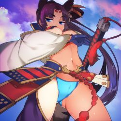 Rule 34 | 1girl, armor, ass, asymmetrical sleeves, black hair, blue eyes, blue panties, breasts, fate/grand order, fate (series), gloves, hair ornament, hat, katana, long hair, looking at viewer, mismatched sleeves, navel, panties, pom pom (clothes), ponytail, revealing clothes, sheath, sheathed, solo, sword, tetsubuta, underboob, underwear, ushiwakamaru (fate), weapon