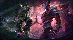 Rule 34 | 1boy, 1girl, 1other, animal ears, armor, belt, black belt, black coat, breasts, broken covenant rakan, broken covenant xayah, claws, closed mouth, coat, couple, earrings, ears through headwear, eye contact, from side, gauntlets, glowing, glowing eyes, highres, indoors, jewelry, large breasts, league of legends, light, long hair, long sleeves, looking at another, looking back, muscular, muscular male, odeko yma, palms together, rakan (league of legends), red hair, sentinel (league of legends), short hair, staff, white hair, window, xayah