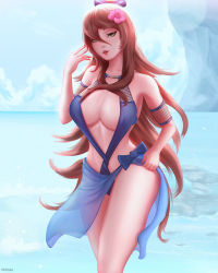 Rule 34 | 1girl, artist name, bare shoulders, beach, bikini, bikini skirt, blue nails, blue one-piece swimsuit, blurry, bow, breasts, brown hair, cleavage, day, depth of field, fishnets, flower, green eyes, hair between eyes, hair bun, hair flower, hair ornament, highres, large breasts, long hair, looking at viewer, makeup, mcdobo, nail polish, naruto (series), ocean, one-piece swimsuit, outdoors, pink lips, sarong, single hair bun, smile, solo, summer, swimsuit, terumi mei, very long hair, water