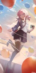 Rule 34 | 1girl, absurdres, alternate costume, artist name, bag, balloon, black thighhighs, blue eyes, camera, cardigan, clenched teeth, commentary, earrings, english commentary, full body, hand up, highres, holding, holding camera, honkai: star rail, honkai (series), jewelry, leg up, long sleeves, march 7th (honkai: star rail), medium hair, ntdanny, pink eyes, pink hair, school uniform, shirt, shoulder bag, single earring, skirt, smile, solo, standing, standing on one leg, teeth, thighhighs, white shirt, zettai ryouiki