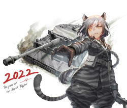 Rule 34 | 1girl, 2022, animal ears, animal print, belt, black gloves, braid, breasts, camouflage, camouflage jacket, chinese zodiac, commentary, dust, english commentary, gloves, grey belt, grey hair, grey jacket, grey pants, gun, holding, holding gun, holding weapon, jacket, kws, long hair, medium breasts, military, military vehicle, motor vehicle, open hand, original, pants, tank, tiger ears, tiger girl, tiger i, tiger print, vehicle request, very long hair, weapon, year of the tiger