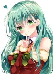 Rule 34 | 10s, 1girl, alternate costume, aqua hair, arm warmers, bare shoulders, between breasts, blush, breasts, christmas tree hair ornament, detached collar, dress, fur trim, green eyes, hair between eyes, hair ornament, kantai collection, long hair, looking at viewer, medium breasts, neckerchief, nogi takayoshi, red dress, simple background, smile, solo, suzuya (kancolle), white background
