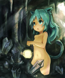 Rule 34 | 1girl, animal ears, cat ears, cat tail, cave, censored, convenient censoring, crystal, green eyes, green hair, lantern, long hair, matching hair/eyes, navel, nude, original, pappii (paprika shikiso), paprika shikiso, solo, tail