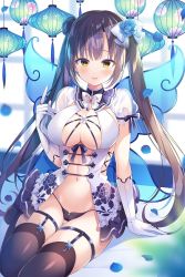Rule 34 | 1girl, black panties, blurry, bow, breasts, brown thighhighs, cameltoe, center opening, cleavage, clothing cutout, double bun, dress, flower, garter straps, gloves, gluteal fold, hair bow, hair bun, hair flower, hair ornament, hand up, highres, lantern, large breasts, long hair, looking at viewer, nanohana kohina, navel, navel cutout, open mouth, original, panties, paper lantern, purple hair, revealing clothes, see-through, short sleeves, side cutout, sitting, smile, solo, stomach, string panties, thighhighs, twintails, underwear, very long hair, white dress, white gloves, yellow eyes