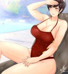 Rule 34 | 10s, 1girl, 2019, absurdres, arm up, armpits, bad id, bad pixiv id, bare shoulders, beach chair, black hair, blurry, blurry background, blush, breasts, brown eyes, brown hair, casual one-piece swimsuit, chair, cleavage, clothing cutout, cowboy shot, curvy, dated, day, depth of field, earrings, from side, halterneck, hand on forehead, hand on own forehead, hand on own thigh, highres, jewelry, large breasts, light smile, looking afar, lounge chair, lying, mature female, meguri0n, olive laurentia, one-piece swimsuit, original, outdoors, parted lips, photo background, pixie cut, pool, poolside, red eyes, red one-piece swimsuit, shading eyes, short hair, side cutout, signature, sitting, smile, solo, spread legs, swimsuit, thick thighs, thighs, tree, water