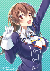 Rule 34 | 1girl, ascot, ashigara (kancolle), ashigara kai ni (kancolle), breasts, brown eyes, brown hair, buttons, collared shirt, double-breasted, elbow gloves, fang, gloves, green background, hairband, ishihara masumi, jacket, kantai collection, large breasts, long hair, long sleeves, looking at viewer, open mouth, pantyhose, purple jacket, shirt, skirt, solo, twitter username, uniform, upper body, wavy hair, white gloves