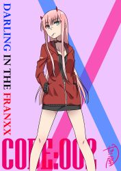 Rule 34 | 10s, 1girl, absurdres, black shirt, candy, character name, collar, collarbone, copyright name, darling in the franxx, food, green eyes, hands in pockets, highres, horns, jacket, lollipop, long hair, looking at viewer, nakoya (nane cat), partially unzipped, pink hair, red jacket, shirt, solo, standing, very long hair, zero two (darling in the franxx)