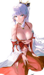 Rule 34 | 1girl, a-by, absurdres, alternate costume, animal ears, ayaka (genshin impact), blunt bangs, blurry, breasts, chibi, choker, cleavage, collarbone, commentary request, detached sleeves, earrings, genshin impact, grey eyes, grey hair, hair ornament, hair ribbon, highres, jewelry, large breasts, long hair, looking at viewer, medium breasts, navel, nontraditional miko, ponytail, revision, ribbon, ribbon-trimmed sleeves, ribbon trim, sidelocks, simple background, sitting, solo, tress ribbon, wariza, white background, wide sleeves