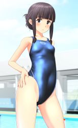 Rule 34 | 1girl, absurdres, alternate hairstyle, black eyes, black hair, blue one-piece swimsuit, blue sky, blunt bangs, braid, breasts, clothes writing, cloud, commentary request, competition swimsuit, covered navel, cowboy shot, day, fence, hand on own hip, highres, kantai collection, kitakami (kancolle), long hair, one-piece swimsuit, outdoors, sidelocks, single braid, sky, small breasts, solo, swimsuit, takafumi