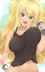 Rule 34 | 1girl, :d, bare arms, bare shoulders, blonde hair, blush, breasts, collarbone, commentary request, dark-skinned female, dark skin, dumbbell nan kilo moteru?, green eyes, hair between eyes, highres, holding, jampen, large breasts, long hair, looking at viewer, navel, open mouth, sakura hibiki, smile, solo, twintails, upper body, wavy hair