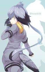 Rule 34 | 10s, 1girl, black gloves, black hair, blue background, blurry, blush, character name, depth of field, fingerless gloves, from behind, gloves, green eyes, grey hair, grey pantyhose, grey shirt, grey shorts, hair between eyes, highres, kemono friends, long hair, long sleeves, looking at viewer, looking back, low ponytail, multicolored hair, okyao, pantyhose, shirt, shoebill (kemono friends), short sleeves, shorts, silhouette, solo, very long hair