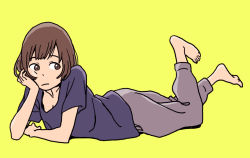 Rule 34 | 1girl, barefoot, brown eyes, brown hair, feet, female focus, hosoo, lying, monochrome, on stomach, original, simple background, solo, yellow background