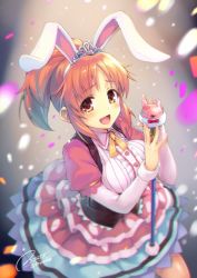 Rule 34 | 1girl, abe nana, animal ears, blush, brown eyes, commentary request, confetti, dated, fake animal ears, hairband, hiiro yuki, holding, holding microphone, idolmaster, idolmaster cinderella girls, layered skirt, long hair, long sleeves, looking at viewer, microphone, necktie, open mouth, orange hair, ponytail, rabbit ears, signature, skirt, smile, solo, stage lights, tiara, twitter username, underbust, vest