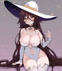 Rule 34 | :3, absurdly long hair, absurdres, arm support, bandaged arm, bandages, bare hips, bare shoulders, black choker, black nails, blush, breasts, brown hair, choker, cleavage, clothing cutout, collarbone, cowboy shot, criss-cross straps, fingerless gloves, gloves, hair between eyes, hand up, hat, head tilt, heart, heart choker, highleg, highleg leotard, highres, invisible chair, large breasts, leaning to the side, leotard, long bangs, long hair, looking at viewer, low neckline, navel, navel cutout, original, simple background, single fingerless glove, sitting, sky above me, smile, starry sky print, straight-on, strapless, strapless leotard, thighhighs, very long hair, white headwear, white leotard, white thighhighs, witch, witch hat, yellow eyes