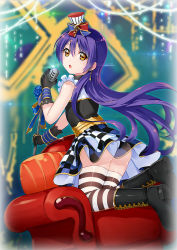 Rule 34 | 10s, 1girl, :o, armchair, ass, black gloves, black hair, boots, cafe maid (love live!), chair, cross-laced footwear, earrings, from behind, gloves, hat, highres, jewelry, long hair, love live!, love live! school idol festival, love live! school idol project, microphone, microphone stand, mini hat, mini top hat, open mouth, shirona002, solo, sonoda umi, striped clothes, striped thighhighs, thighhighs, top hat, yellow eyes, zettai ryouiki
