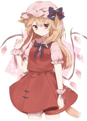 Rule 34 | 1girl, abe suke, absurdres, animal ear fluff, animal ears, black bow, blonde hair, bloomers, bow, collared shirt, commentary request, crystal, dress shirt, fingernails, flandre scarlet, hand up, hat, hat bow, highres, kemonomimi mode, long hair, mob cap, nail polish, pink background, pink bloomers, pink bow, pink hat, pink nails, pink shirt, pleated skirt, red skirt, red vest, shirt, signature, skirt, solo, tail, touhou, two-tone background, underwear, very long hair, vest, white background, wings, wrist cuffs