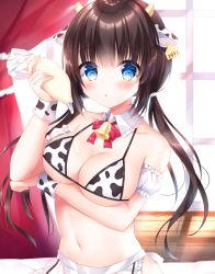 Rule 34 | 1girl, 2021, :o, animal ears, animal print, apron, bikini, black hair, blue eyes, blush, chinese zodiac, commentary request, cow ears, cow girl, cow horns, cow print, curtains, detached sleeves, ear tag, frilled apron, frills, hair between eyes, hand up, highres, holding, horns, indoors, kohinata hoshimi, long hair, looking at viewer, low twintails, navel, original, parted lips, pastry bag, print bikini, puffy short sleeves, puffy sleeves, short sleeves, solo, swimsuit, twintails, very long hair, waist apron, white apron, white bikini, white sleeves, window, wooden floor, wrist cuffs, year of the ox