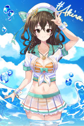 Rule 34 | 1girl, absurdres, arm up, bikini, blue sky, blush, bracelet, braid, breasts, brown eyes, brown hair, character signature, cleavage, closed mouth, cloud, collarbone, commentary request, cowboy shot, crop top, day, groin, hair between eyes, hat, highres, idolmaster, idolmaster cinderella girls, jewelry, korean commentary, large breasts, light rays, long hair, looking at viewer, midriff, mole, mole under eye, navel, necklace, ocean, orange bikini, pleated skirt, sailor hat, school uniform, see-through, serafuku, shirt, short sleeves, side braid, sidelocks, skirt, sky, smile, solo, sparkle, standing, sunazuka akira, sunbeam, sunlight, swimsuit, sylph kim, tied shirt, two side up, v, wading, wet, wet clothes, wet shirt, wet skirt, white hat, white skirt, wrist cuffs