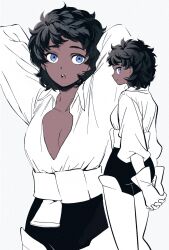 Rule 34 | 1girl, arms behind back, arms behind head, black hair, black pants, blue eyes, boots, breasts, center opening, cleavage, clothes around waist, commentary request, curly hair, dark-skinned female, dark skin, dungeon meshi, frs2, genderswap, genderswap (mtf), gloves, highres, kabru, korean commentary, looking to the side, own hands together, pants, partially colored, shirt, short hair, small breasts, thigh boots, white background