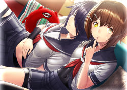 Rule 34 | 2girls, black hair, black legwear, black sailor collar, black skirt, blush, brown hair, closed eyes, closed mouth, commentary request, couch, covered navel, creature, enemy lifebuoy (kancolle), finger to mouth, furutaka (kancolle), grey eyes, hair ornament, hair over one eye, hairclip, hand on another&#039;s shoulder, hand on own stomach, heterochromia, index finger raised, indoors, kako (kancolle), kantai collection, long hair, looking at viewer, midriff, midriff peek, multiple girls, navel, neckerchief, on couch, pillow, pleated skirt, red neckerchief, sailor collar, school uniform, serafuku, shirt, short hair, short sleeves, shushing, single thighhigh, sitting, skirt, sleeping, smile, striped, thighhighs, unowen, white shirt, yellow eyes