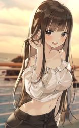 Rule 34 | 1girl, :d, bad id, bad twitter id, bare shoulders, blurry, blurry background, blush, bra strap, breasts, brown eyes, brown hair, buri (retty9349), commentary, crop top, hand in own hair, hand up, highres, long hair, long sleeves, looking at viewer, medium breasts, midriff, navel, off-shoulder shirt, off shoulder, open mouth, original, outdoors, railing, shirt, smile, solo, stomach, symbol-only commentary, upper body, very long hair, white shirt