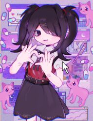 Rule 34 | 1girl, ame-chan (needy girl overdose), black hair, black ribbon, black skirt, cat, collared shirt, cowboy shot, cuts, emoji, frown, hair ornament, hair over one eye, hands up, heart, heart hands, highres, injury, long hair, looking at viewer, neck ribbon, needy girl overdose, open mouth, pien cat (needy girl overdose), pill, pleading face emoji, purple eyes, pyure (pyure0729), razor blade, red shirt, ribbon, scar, scar on arm, self-harm, self-harm scar, shirt, skirt, smile, solo, suspender skirt, suspenders, twintails, x hair ornament