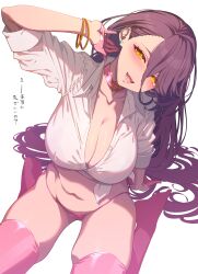Rule 34 | 1girl, absurdres, blush, bracelet, breasts, brown hair, character request, cleavage, collarbone, copyright request, highres, jewelry, large breasts, long hair, looking at viewer, navel, open mouth, panties, pink panties, pink thighhighs, santa (sunflower), sitting, smile, solo, thighhighs, thighs, underwear, wariza, yellow eyes