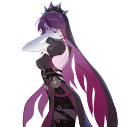 Rule 34 | 1girl, absurdres, backless dress, backless outfit, black dress, che (kure py), commentary, dress, english commentary, genshin impact, gloves, highres, official alternate costume, purple eyes, purple hair, redesign, rosaria (genshin impact), rosaria (to the church&#039;s free spirit) (genshin impact), short hair, simple background, solo, white background, white gloves