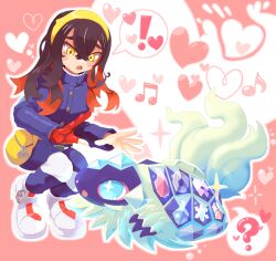 Rule 34 | !, 1girl, ?, ankle boots, black hair, boots, breasts, carmine (pokemon), collared jacket, colored inner hair, creatures (company), crossed bangs, eyebrows, eyelashes, fanny pack, female focus, game freak, gen 9 pokemon, gloves, hair between eyes, hairband, hands up, heart, heart background, highres, jacket, long hair, long sleeves, looking at another, medium breasts, mole, mole under eye, multicolored hair, neck, nintendo, open mouth, pants, pokemon, pokemon (creature), pokemon sv, school uniform, sidelocks, single glove, size difference, speech bubble, squatting, surprised, terapagos, terapagos (terastal), tiptoes, ttrtag, wavy hair, white footwear, yellow eyes, yellow hairband