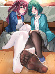 2girls absurdres akoya_matama anemo_nemo blue_eyes blush feet green_hair hair_over_one_eye highres long_hair looking_at_another looking_at_viewer mahou_shoujo_ni_akogarete medium_hair multicolored_hair multiple_girls open_mouth pantyhose red_eyes red_hair reiku09 shoes single_shoe soles steam streaked_hair toes twintails white_pantyhose