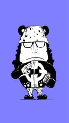 Rule 34 | 1boy, animal ears, arm at side, bartholomew kuma, bear ears, bible (object), blacknirrow, blue background, book, chibi, closed mouth, expressionless, facing viewer, glasses, gloves, hand up, hat, holding, holding book, long hair, long sleeves, male focus, monochrome, one piece, opaque glasses, pants, paw print, paw print pattern, pawpads, shoes, simple background, single glove, sketch, solo, straight-on
