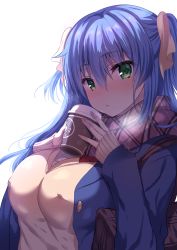 Rule 34 | 1girl, bag, blue hair, blue jacket, blush, breasts, covered erect nipples, cup, fingernails, gakkou de seishun!, green eyes, highres, holding, holding cup, jacket, kanzaki ayane, large breasts, long sleeves, looking at viewer, no bra, parted lips, pink scarf, sanshoku amido, scarf, shoulder bag, simple background, solo, sweater vest, upper body, vest, white background, yellow vest