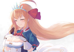 Rule 34 | 1girl, breasts, cleavage, closed eyes, highres, large breasts, long hair, orange hair, pecorine (princess connect!), princess connect!, shimon (31426784), simple background, smile, solo, upper body, white background