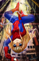 Rule 34 | 1girl, 2014, animification, blonde hair, blue eyes, blurry, blurry background, breasts, building, commentary, english commentary, genderswap, genderswap (mtf), highres, holding, holding mask, long hair, marvel, mask, unworn mask, medium breasts, robert knight, rope, signature, skin tight, smile, solo, spider-man, spider-man (series), superhero costume, upside-down